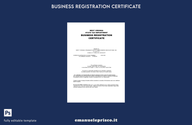 certificato di registrazione della società USA West Virginia in stile verificato